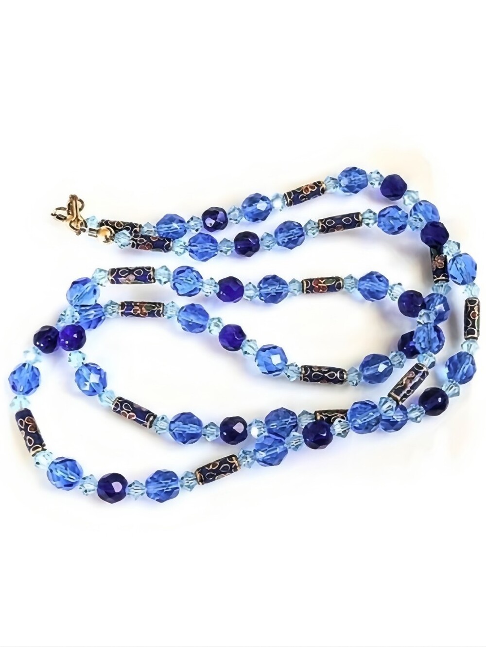 💙 Vintage Cobalt Blue Faceted Glass Crystal Cloisonne Floral Bead Necklace